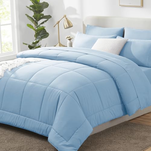 CozyLux Queen Comforter Set Baby Blue - 7 Pieces Bed in a Bag | OEKO-TEX Certified, All-Season, Bedroom, Guest Room, Down-Alternative Comforter + Flat &amp; Fitted Sheets + 4 Pillowcases