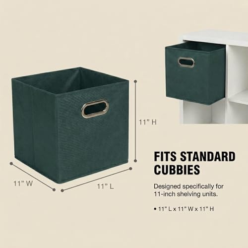 Household Essentials Foldable Fabric Storage Cubes 6-Pack – 11x11x11 Stackable Non-Woven Bins with Chipboard Sides &amp; Grommet Handles – Closet, Shelf, Nursery, or Office Organizer – Dark Green