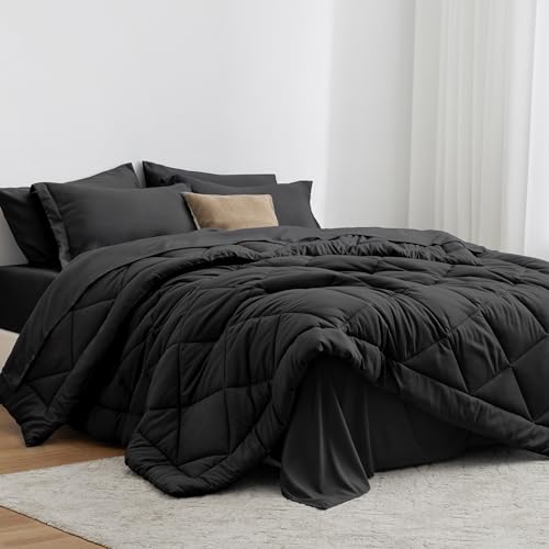 Love's cabin Queen Comforter Set, 7 Pieces Bed in a Bag, Black | OEKO-TEX Certified, All-Season, 1 Down-Alternative Comforter + 1 Flat &amp; Fitted Sheets + 2 Pillowcases + 2 Pillow Shams
