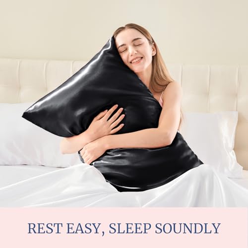 BEDELITE Satin Pillowcases, Standard Size 20x26 Inch, Black, Set of 2 | Similar to Silk Pillow Cases, Soft and Cooling, Reduces Friction, Gentle on Hair and Skin, Envelope Closure, Women Men Gift