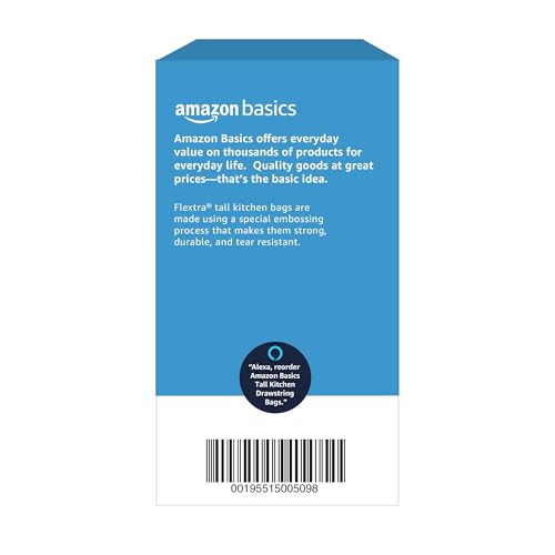 Amazon Basics Flextra Tall Kitchen Drawstring Trash Bags, 13 Gallon, 50 Count, Tear-Resistant, Unscented