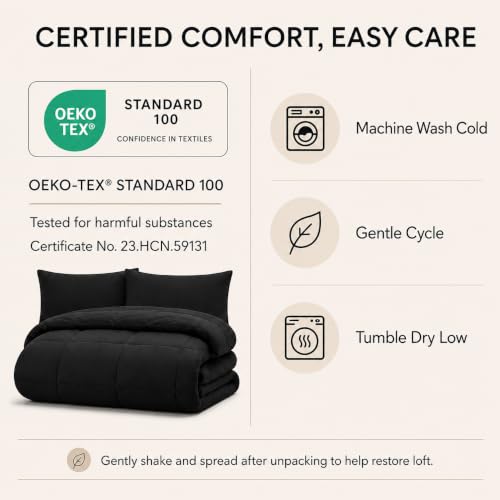 CozyLux Queen Comforter Set Black - 7 Pieces Bed in a Bag | OEKO-TEX Certified, All-Season, Bedroom, Guest Room, Down-Alternative Comforter + Flat &amp; Fitted Sheets + 4 Pillowcases