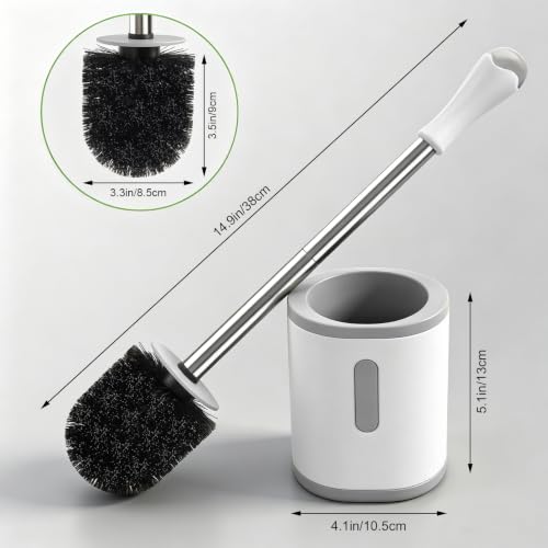 AONEZ Compact Toilet Brush &amp; Holder, Stainless Steel Handle, Space Saving for Storage, Deep Cleaning, Drip-Proof, Easy to Assemble, Nylon Bristles, White &amp; Grey