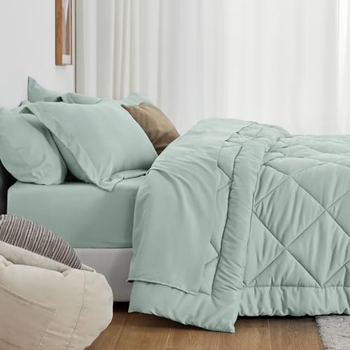 Love's cabin Queen Comforter Set, 7 Pieces Bed in a Bag, Aqua | OEKO-TEX Certified, All-Season, 1 Down-Alternative Comforter + 1 Flat &amp; Fitted Sheets + 2 Pillowcases + 2 Pillow Shams