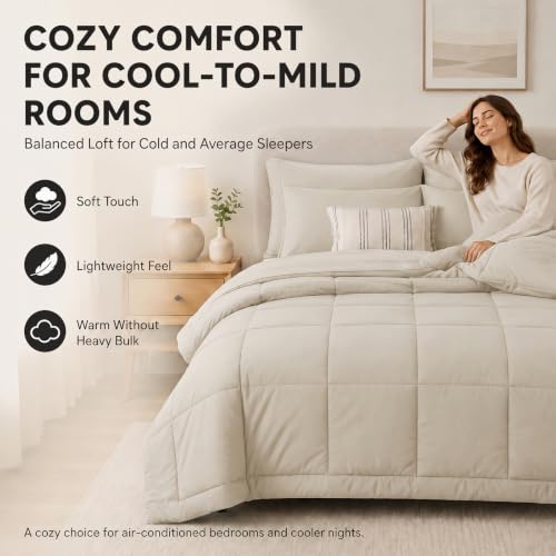 CozyLux Queen Comforter Set Beige - 7 Pieces Bed in a Bag | OEKO-TEX Certified, All-Season, Bedroom, Guest Room, Down-Alternative Comforter + Flat &amp; Fitted Sheets + 4 Pillowcases