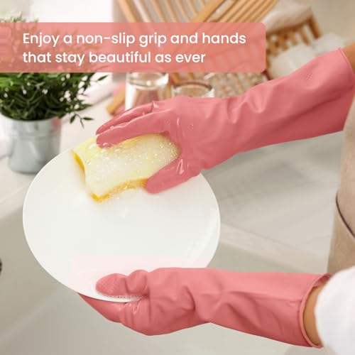 Rubber Cleaning Gloves for Dishwashing, 4 Pairs Reusable Kitchen Gloves for Washing Dishes and Household Cleaning, Colorful Dish Gloves with Flocked Lining and Non-Slip Grip, Pefect for Woman Men - L