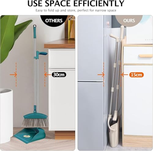 XXFLOWER Broom and Dustpan Set with Long Handle, Light Weight Stainless Steel Poles Stand Upright Dustpans with Broom Combo for Home Kitchen Office Pet Dog Hair, Brown &amp; Beige Color, 1-Pack