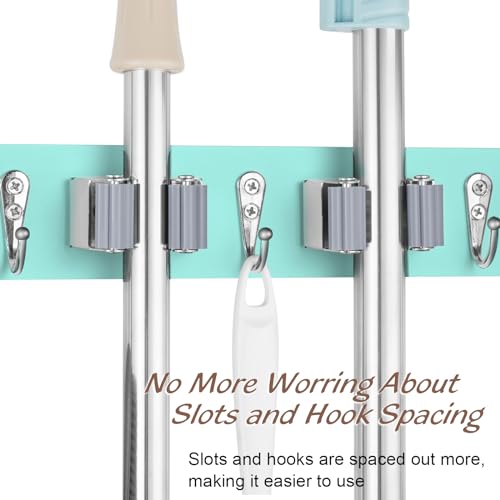 OUTNILI Turquoise Mop Broom Holder Wall Mount with 4 Slots &amp; 4 Hooks - Wood Broom Mop Hanger for Pantry Closet Laundry Room Organization - for Teal Kitchen Decor and Accessories