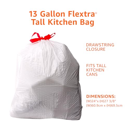 Amazon Basics Flextra Tall Kitchen Drawstring Trash Bags, 13 Gallon, 50 Count, Tear-Resistant, Unscented