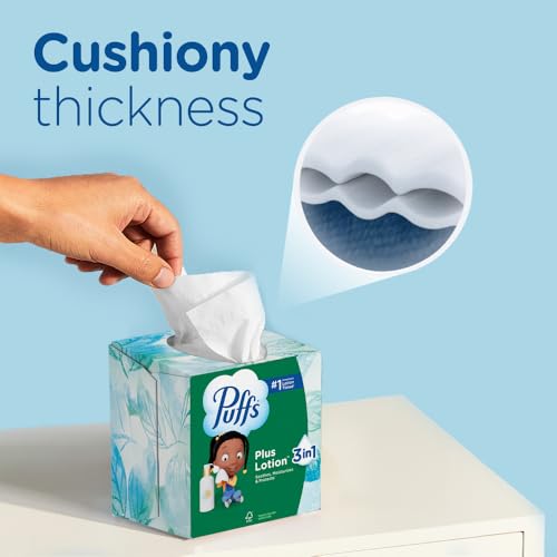 Puffs Facial Tissues Plus Lotion, 4 Family Boxes, 124 Facial Tissues per Box, Allergies and Colds (Packaging May Vary)