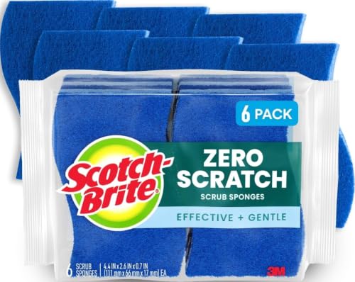 Scotch-Brite Zero Scratch Scrub Sponge, 6 Pack | Kitchen Sponges for Cleaning Home, Bathroom, Effective + Gentle Dish Scrubber, Safe on Nonstick surfaces
