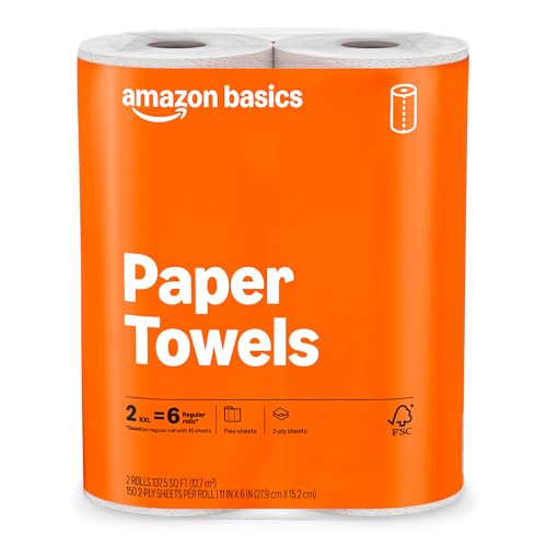 Amazon Basics 2-Ply Flex-Sheets Paper Towels, 2-Pack, 150 Sheets per Roll, 2 Basics Rolls = 6 Regular Rolls, for Everyday Use, Spills and Messes