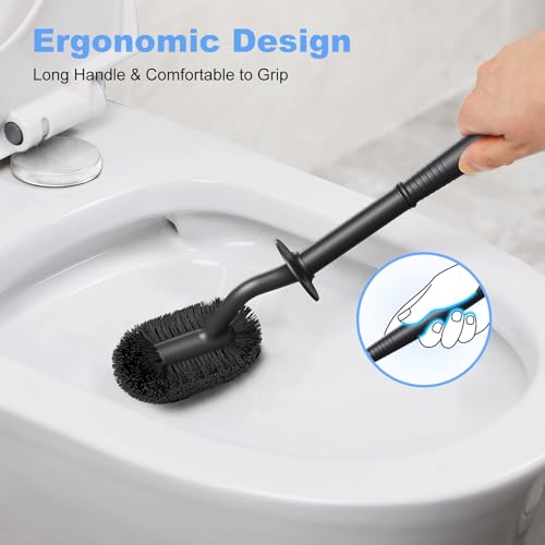 HAMITOR Toilet Bowl Brush Holder Set: Curved Design with Holder for Deep Cleaning Under Rim - Compact Hidden Scrubber for Small Space - Modern RV Bathroom Accessories - Black