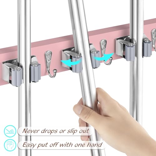 OUTNILI Pink Mop Broom Holder Wall Mount with 4 Slots &amp; 4 Hooks - Wood Broom Mop Hanger for Pantry Closet Laundry Room Kitchen Organization - for Pink Kitchen Decor and Accessories