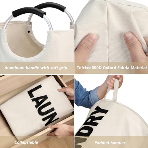 Maxsilan 90L Large Laundry Basket Bag, Collapsible Tall Hamper, Beige | Freestanding tall laundry bag &amp; foldable washing basket. Large capacity clothes storage bin with durable sturdy handles