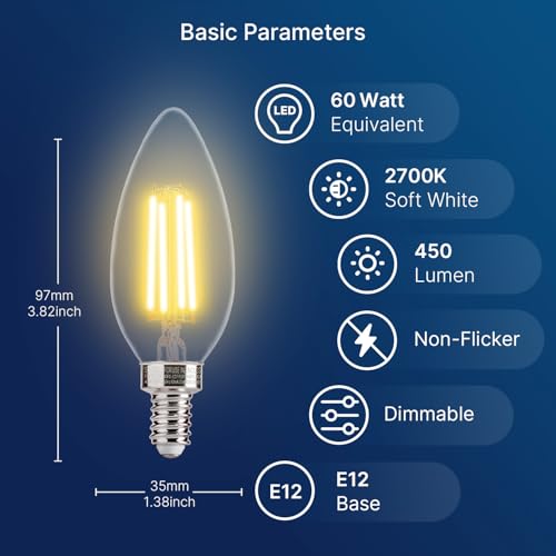 FLSNT 60W Equivalent LED Chandelier Light Bulbs, Dimmable, E12 Base, Clear B11 LED Filament Candelabra Bulbs, 2700K Soft White, 6 Pack
