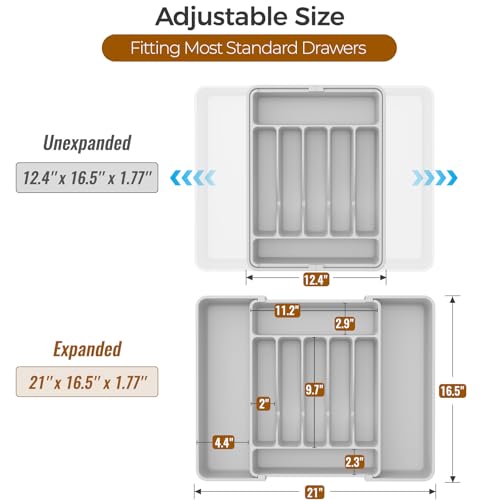 ukeetap Extra Large Expandable Silverware Organizer, Flatware Tray,Gray | BPA-Free Food-Safe Kitchen Utensil Cutlery Drawer Organizer, Adjustable Silverware Holder for Spoons Forks Knives