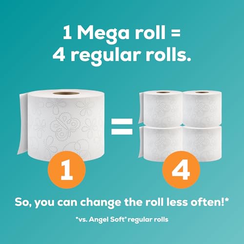 Angel Soft Toilet Paper Bulk Bathroom Tissue, 8 Mega Rolls=32 Regular Rolls | Bathroom essentials: 8 Mega Rolls = 32 Regular Rolls, 2-ply bath tissue with softness and strength