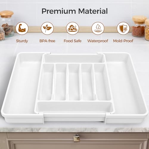 ukeetap Extra Large Expandable Silverware Organizer, Flatware Tray,White | BPA-Free Food-Safe Kitchen Utensil Cutlery Drawer Organizer, Adjustable Silverware Holder for Spoons Forks Knives