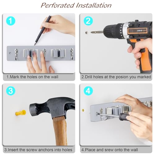 OUTNILI Gray Mop Broom Holder Wall Mount with 4 Slots &amp; 4 Hooks - Wood Broom Mop Hanger for Pantry Closet Laundry Room Organization - Heavy Duty Garden Tool Organizer