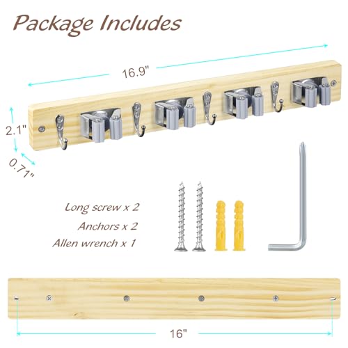 OUTNILI Mop and Broom Holder Wall Mount - Light Wood Broom Mop Hanger - Wall Mounted Garden Tool Rack Organizer for Closet Garage Laundry Room Kitchen With 4 Slots &amp; 4 Hooks