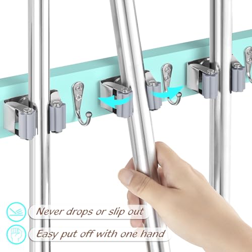 OUTNILI Turquoise Mop Broom Holder Wall Mount with 4 Slots &amp; 4 Hooks - Wood Broom Mop Hanger for Pantry Closet Laundry Room Organization - for Teal Kitchen Decor and Accessories