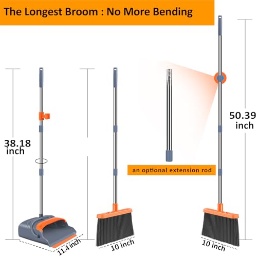 kelamayi Upgrade Broom and Dustpan Set, Self-Cleaning with Dustpan Teeth, Indoor&amp;Outdoor Sweeping, Ideal for Dog Cat Pets Home Use, Stand Up Broom and Dustpan (Gray&amp;Orange)
