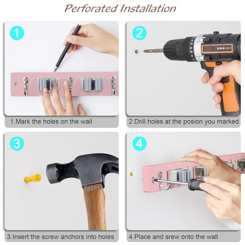 OUTNILI Pink Mop Broom Holder Wall Mount with 4 Slots &amp; 4 Hooks - Wood Broom Mop Hanger for Pantry Closet Laundry Room Kitchen Organization - for Pink Kitchen Decor and Accessories
