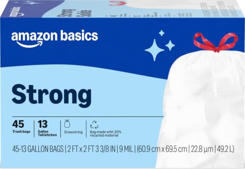 Amazon Basics Trash Bags, Tall Kitchen Drawstring, Unscented, 13 Gallon, 45 Count, Pack of 1, Packaging May Vary