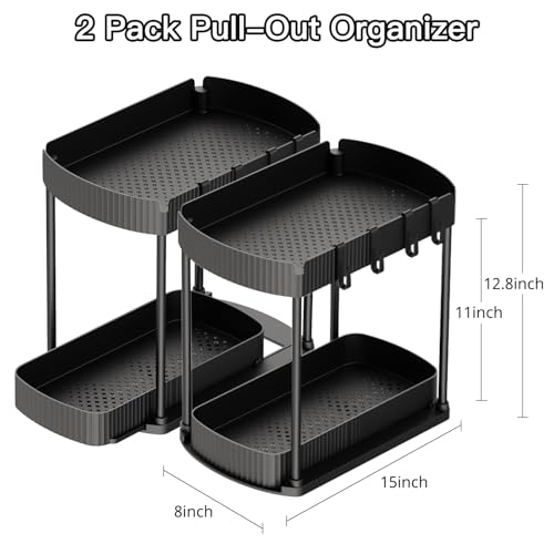 2 Packs Under Sink Pull-Out Storage Organizers, 12.8 Inches, Black | Multi-Purpose Cabinet Organizers and Storage for Bathroom &amp; Kitchen