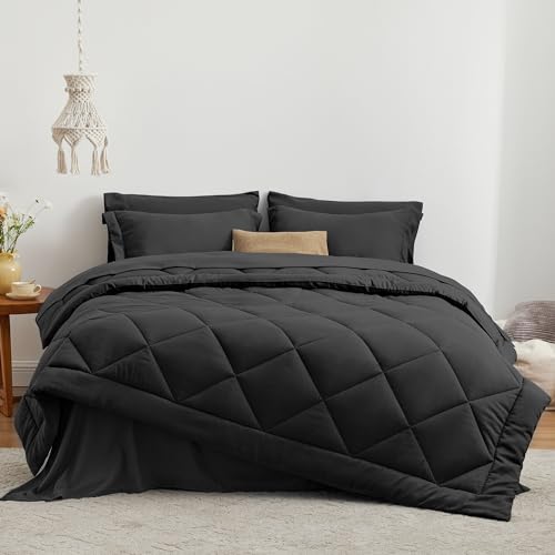 Love's cabin Queen Comforter Set, 7 Pieces Bed in a Bag, Black | OEKO-TEX Certified, All-Season, 1 Down-Alternative Comforter + 1 Flat &amp; Fitted Sheets + 2 Pillowcases + 2 Pillow Shams