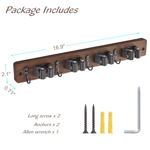 OUTNILI Mop and Broom Holder Wall Mount - Wood Broom Mop Hanger - Wall Mounted Garden Tool Rack Organizer for Closet Garage Laundry Room, Rustic Kitchen Decor With 4 Slots &amp; 4 Hooks