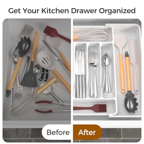 ukeetap Extra Large Expandable Silverware Organizer, Flatware Tray,White | BPA-Free Food-Safe Kitchen Utensil Cutlery Drawer Organizer, Adjustable Silverware Holder for Spoons Forks Knives