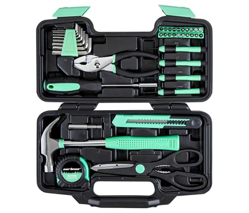 CARTMAN 39-Piece Household Tool Set, Green Hand Kit With Storage Case | Complete assortment for home repairs, DIY projects, furniture setup, crafting, and daily household fixes in toolbox.