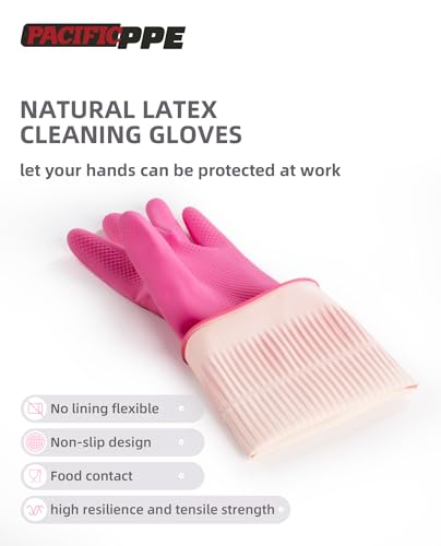 PACIFIC PPE 2 Pairs Reusable Natural Latex Dishwashing Gloves, Large | Kitchen gloves, dishwashing gloves, waterproof, reusable, non-slip grip, flexible fit for laundry and household cleaning