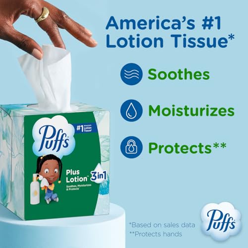 Puffs Facial Tissues Plus Lotion, 4 Family Boxes, 124 Facial Tissues per Box, Allergies and Colds (Packaging May Vary)