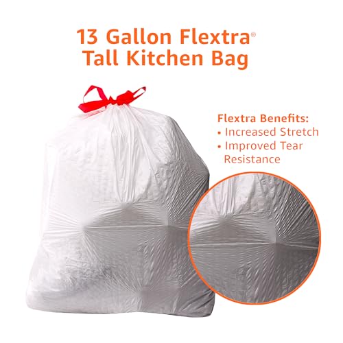 Amazon Basics Flextra Tall Kitchen Drawstring Trash Bags, 13 Gallon, 50 Count, Tear-Resistant, Unscented
