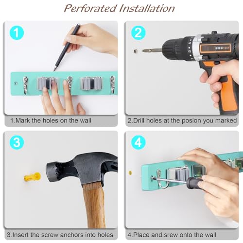 OUTNILI Turquoise Mop Broom Holder Wall Mount with 4 Slots &amp; 4 Hooks - Wood Broom Mop Hanger for Pantry Closet Laundry Room Organization - for Teal Kitchen Decor and Accessories
