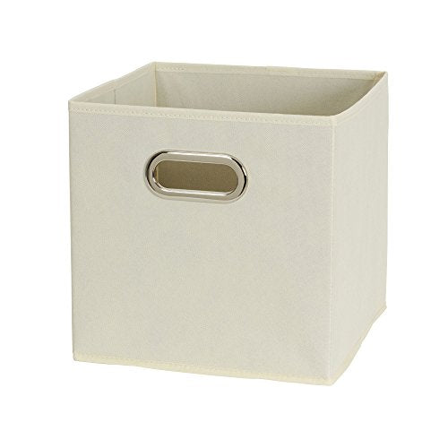Fabric Storage Bins 6 Piece Set, Strong Poly-Woven Fabric, Sturdy Chipboard Sides, Grommet Front Handle, Stackable and Foldable, Classic Design, Cream