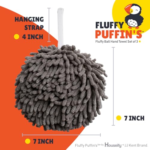 JJ KENT Fluffy Puffins Microfiber Puff Hand Towels &amp; Hooks, 3 Pack, Gray | Ball hand towel, hand drying puff, use in bathrooms and kitchens, dry hands, dishes and countertops, soft texture, reusable