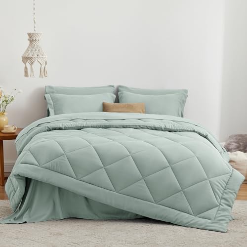 Love's cabin Queen Comforter Set, 7 Pieces Bed in a Bag, Aqua | OEKO-TEX Certified, All-Season, 1 Down-Alternative Comforter + 1 Flat &amp; Fitted Sheets + 2 Pillowcases + 2 Pillow Shams