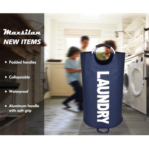 Maxsilan 90L Large Laundry Basket Bag, Collapsible Tall Hamper, Dark Blue | Freestanding tall laundry bag &amp; foldable washing basket. Large capacity clothes storage bin with durable sturdy handles