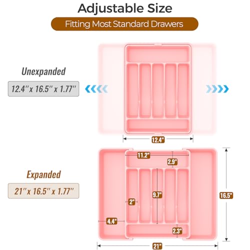 ukeetap Extra Large Expandable Silverware Organizer, Flatware Tray, Pink | BPA-Free Food-Safe Kitchen Utensil Cutlery Drawer Organizer, Adjustable Silverware Holder for Spoons Forks Knives