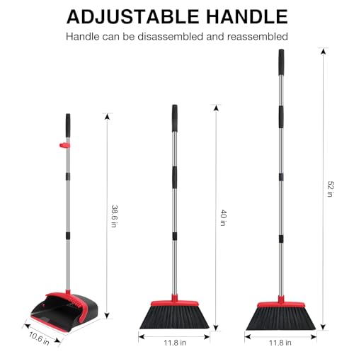 NACENA Broom and Dustpan Set, 52-in Long Adjustable Handle Broom Dustpan Combo with Dustpan Teeth to Automatically Clean Hair Suitable for Home Kitchen Office Hall Floor（Black&amp;Red）