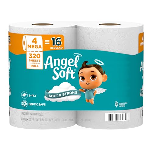 Angel Soft Toilet Paper, 4 Mega Rolls = 16 Regular Rolls, 2-Ply | Everyday use toilet tissue, household essentials, long-lasting mega toilet rolls; soft, strong, reliable, and septic safe