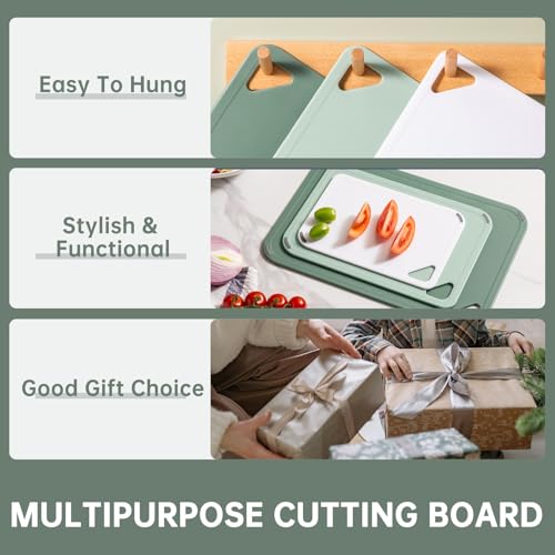 THETCHRY Plastic Cutting Board Set of 3-Cutting Boards for Kitchen BPA Free | Large-Small Chopping Boards, Non-Slip for Cooking, Dishwasher Safe, Camping, Portable, with Grip Handle, Sage Green