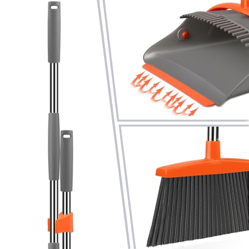 Ivandar Broom and Dustpan Set for Home, Broom and Dustpan Combo for Office, Long Handle Broom with Upright Standing Dust pan,Indoor&amp;Outdoor Sweeping (Gray&amp;Orange)