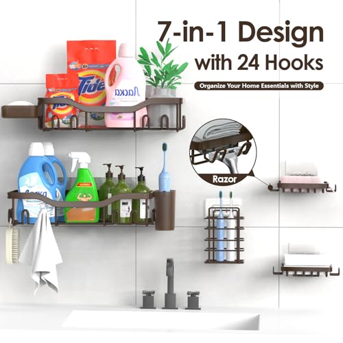 NESOMI Shower Caddy Adhesive Shower Organizer 7-Pack, Rustproof Stainless Steel Bathroom Shelves, Large Capacity No-Drill Rack Storage Accessories with Soap Dish Toothbrush Holder Hooks