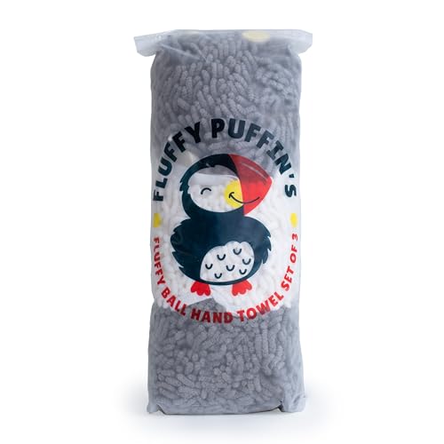 JJ KENT Fluffy Puffins Microfiber Puff Hand Towels &amp; Hooks, 3 Pack, Gray | Ball hand towel, hand drying puff, use in bathrooms and kitchens, dry hands, dishes and countertops, soft texture, reusable