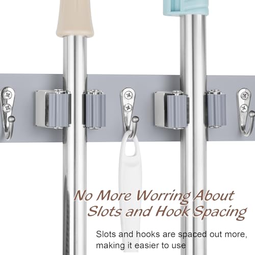 OUTNILI Gray Mop Broom Holder Wall Mount with 4 Slots &amp; 4 Hooks - Wood Broom Mop Hanger for Pantry Closet Laundry Room Organization - Heavy Duty Garden Tool Organizer